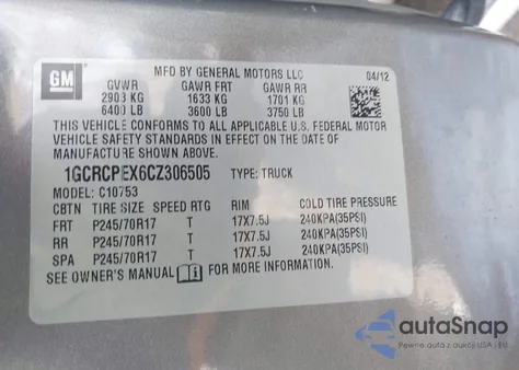 2012 Chevrolet Silverado 1500 Work Truck from USA, damaged, VIN 1GCRCPEX6CZ306505